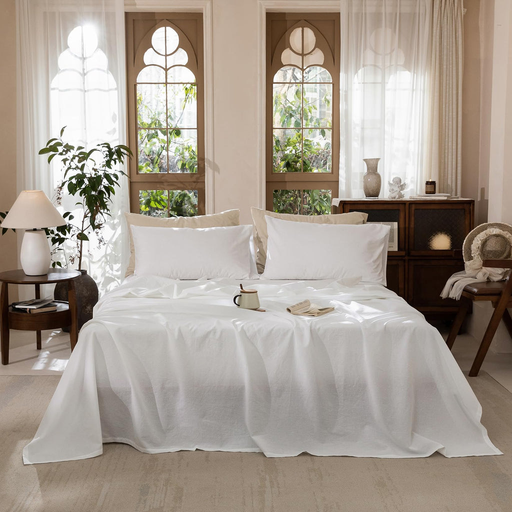 4Pcs Bright White Cotton Bed Sheet Set Deep Pocket