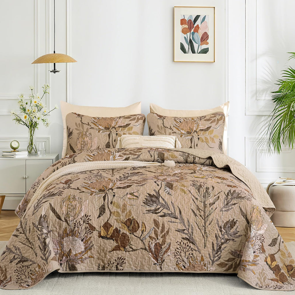 Fall Quilt Queen Size Brown, 3 Pcs Floral Bedspread Bedding Set