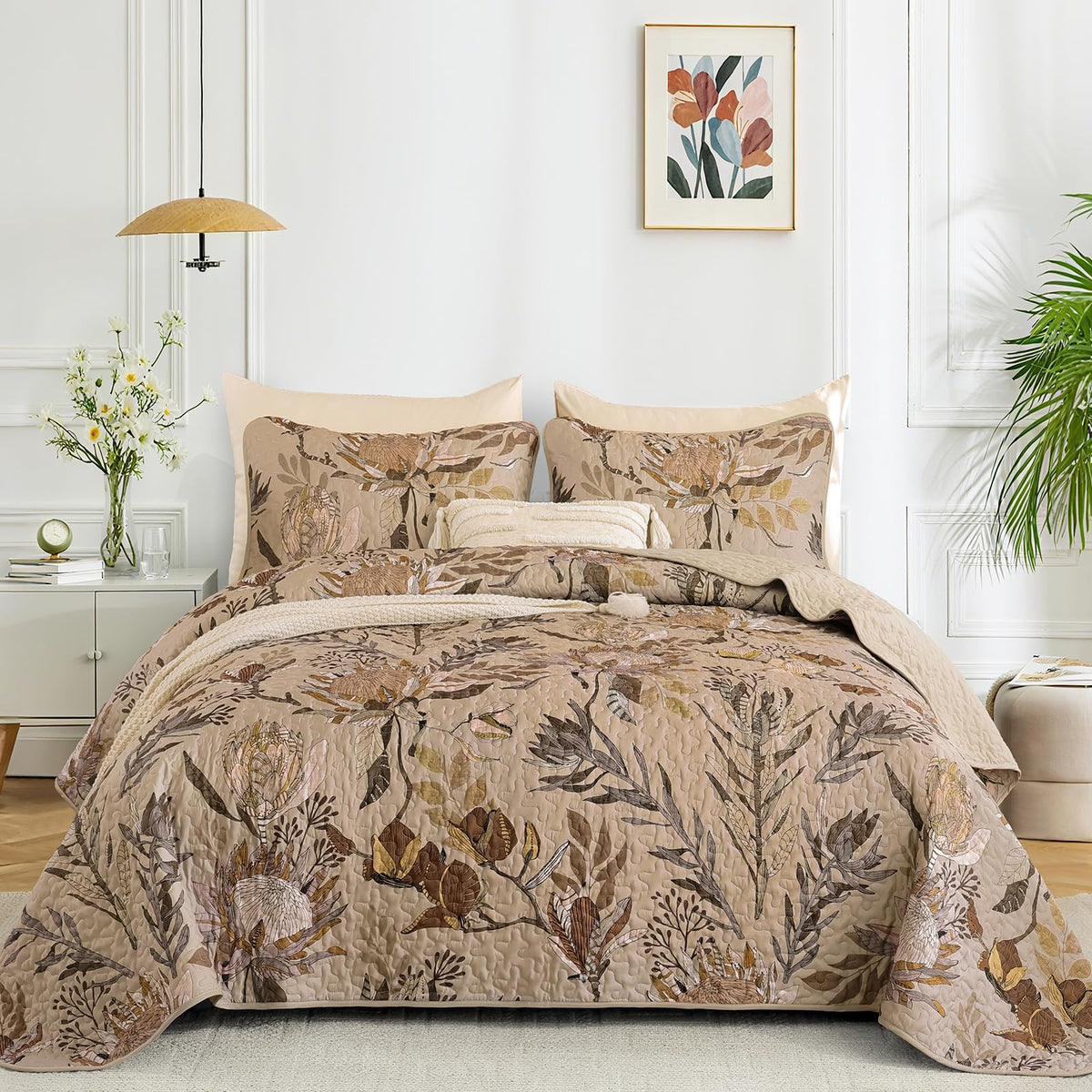 Fall Quilt Queen Size Brown, 3 Pcs Floral Bedspread Bedding Set