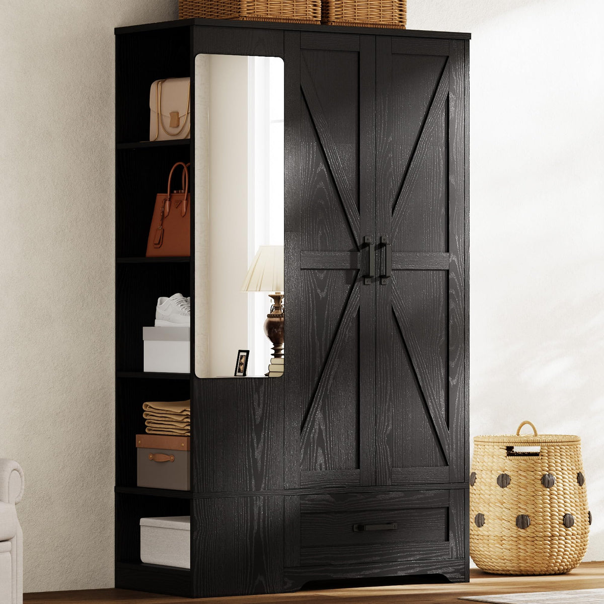 Armoire Wardrobe Closet 70 Inches, Large Storage with Mirror, 2 Doors, Drawer, and Shelves, Modern Bedroom