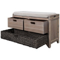Farmhouse Storage Bench with 2 Drawers, Removable Cushion and Wicker Basket, Bedroom Living Room Bench for Small