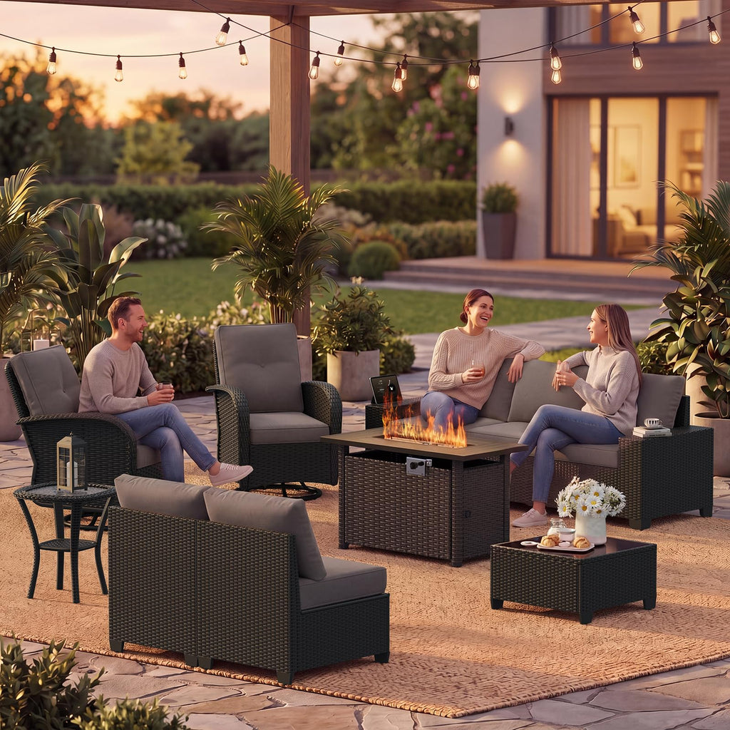 10 PCS Patio Furniture Set with 44'' Fire Pit Table, Outdoor Sectional All-Weather Wicker Conversation Set with