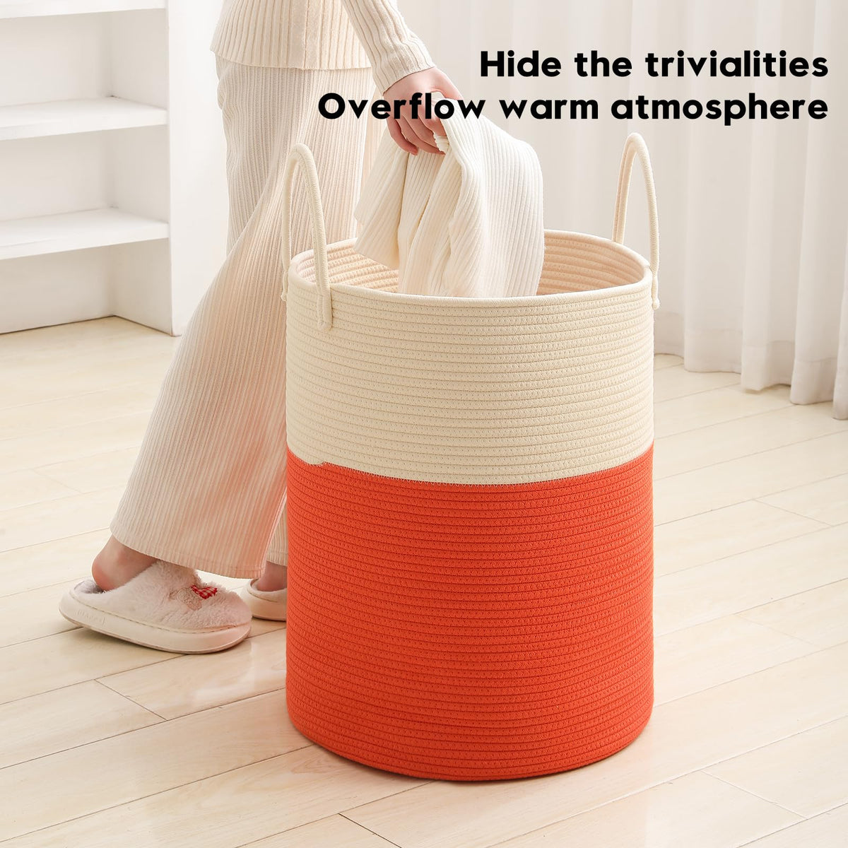 Woven Laundry Hamper Tall Rope Storage Basket for Blanket oys Dirty Clothes Bathroom Bedroom (White&Orange