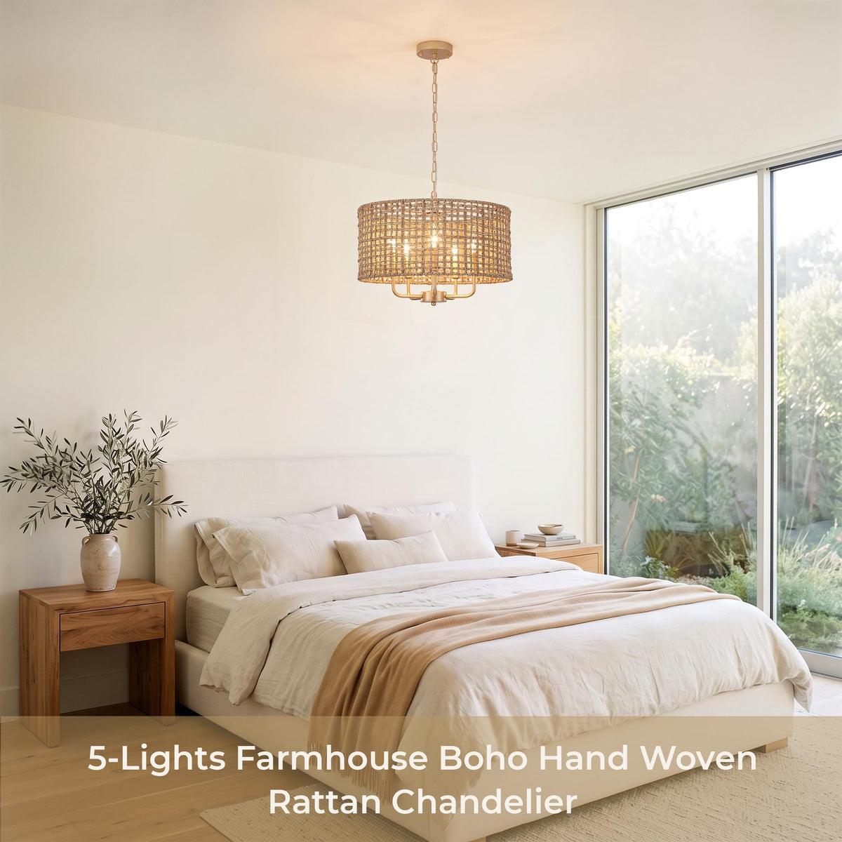 Large Rattan Chandelier, 19'' Farmhouse Boho Chandeliers, 5-Light Gold Wicker Light Fixture, Hand-Woven Rattan