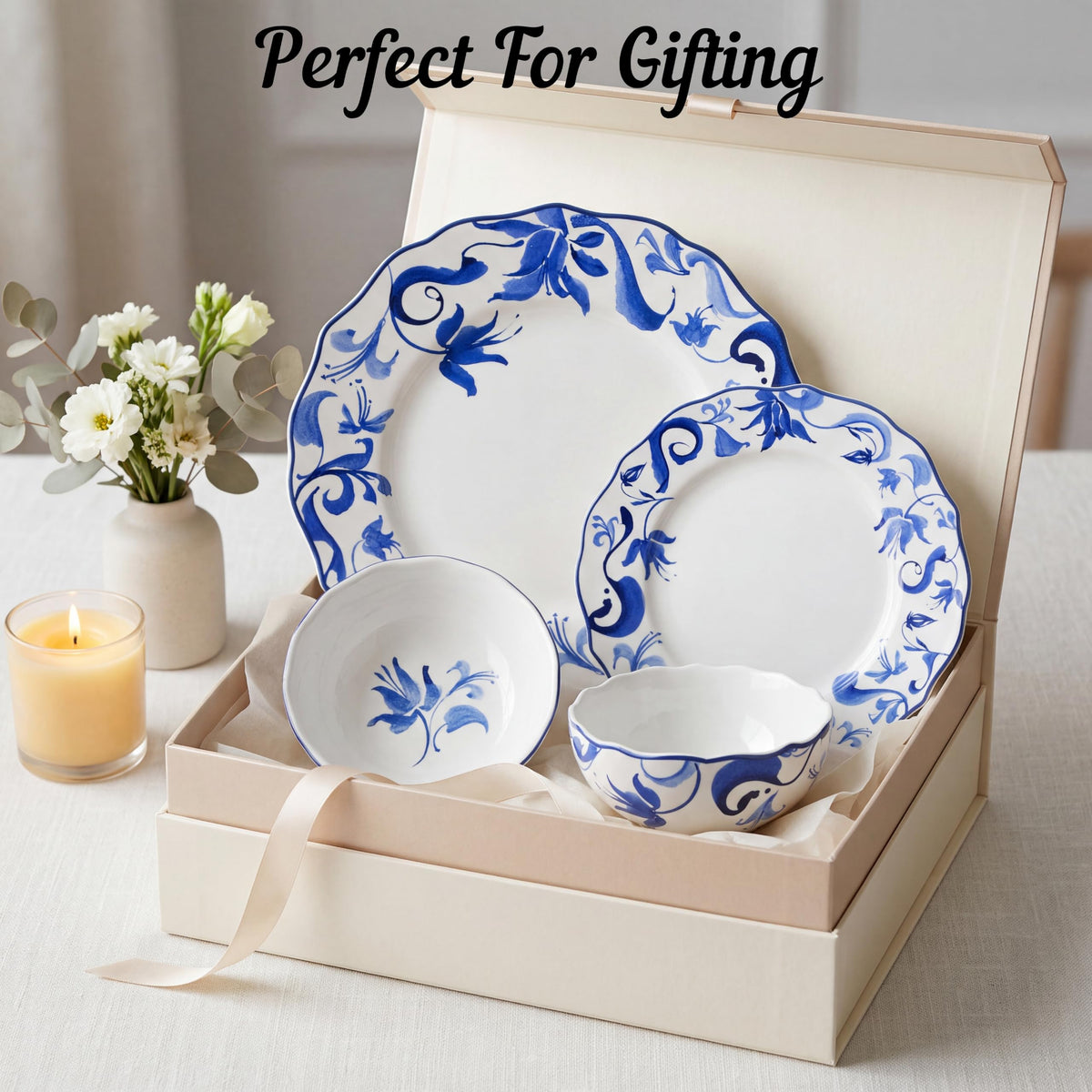 12-Piece Porcelain Dinnerware Set for 4, Blue & White Plates and Bowls Set, Glossy Ceramic Dish Set with Beautiful