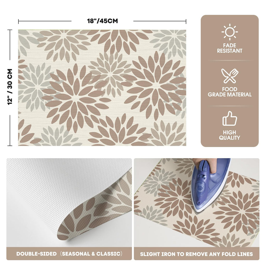 Floral Vinyl Placemats Set of 6, 12x18 Inch Washable Non-Slip Plastic Vinyl Place Mats for Party Kitchen Dining
