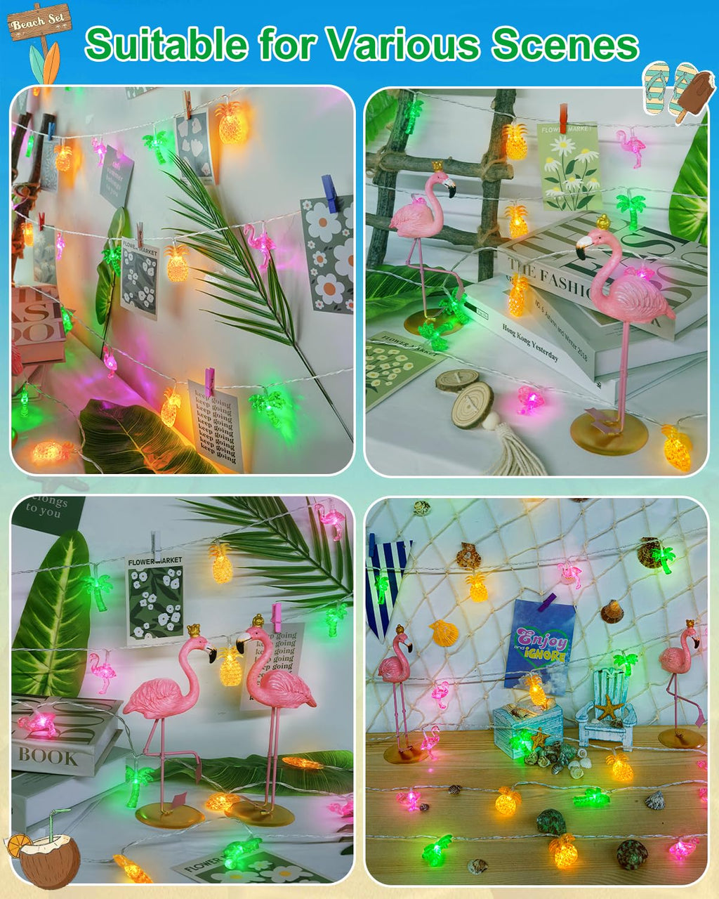 50 LED 25Ft Sumer Tropical String Lights Flamingo Pineapple Palm Tree Light