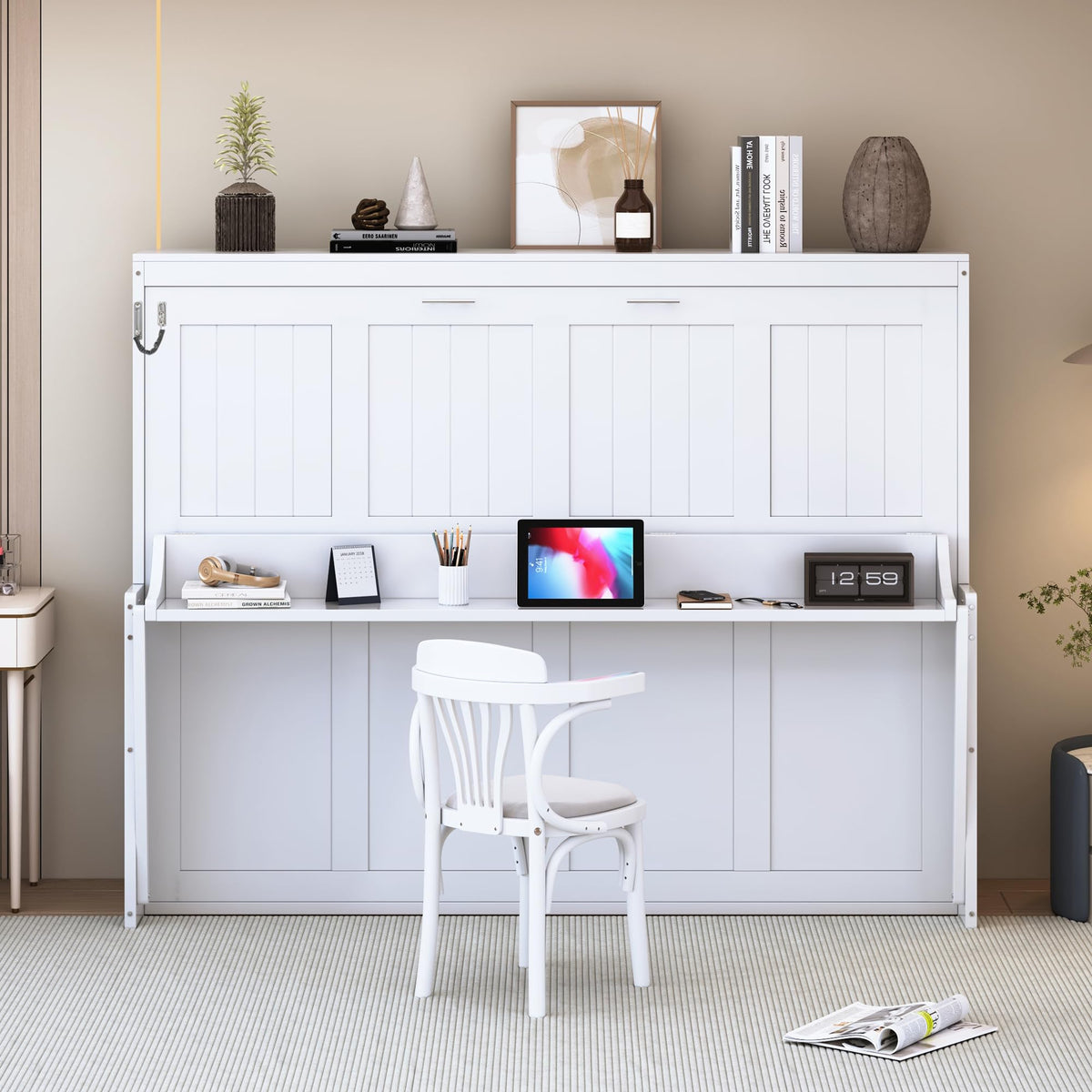 Full Size Murphy Bed, Wood Murphy Wall Bed with Hydraulic Lift & Desk Design, White