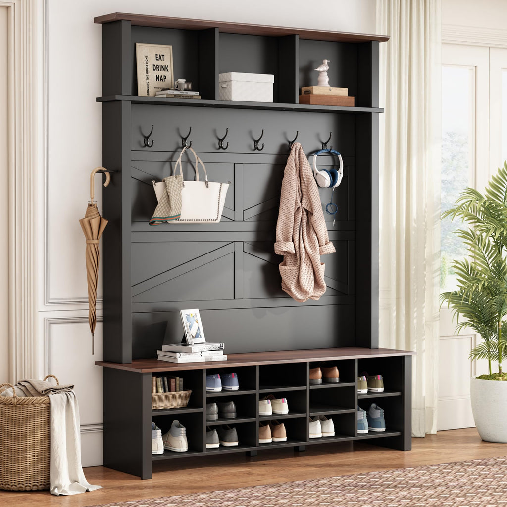 Wood Rustic Hall Tree Entryway Bench with 6 Hooks and Adjustable Shelves, Farmhouse Mudroom Versatile Coat Racks with