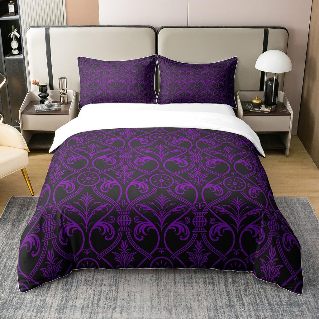 100 Percent Cotton Purple Black Ombre Floral Bedding Set for Girls Women Queen, Gothic Baroque Damask Comforter Cover