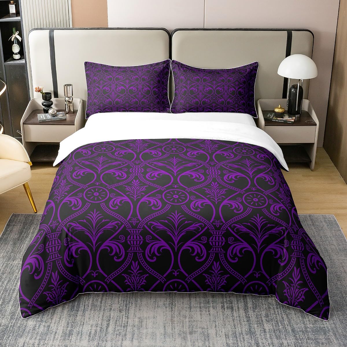100 Percent Cotton Purple Black Ombre Floral Bedding Set for Girls Women Queen, Gothic Baroque Damask Comforter Cover