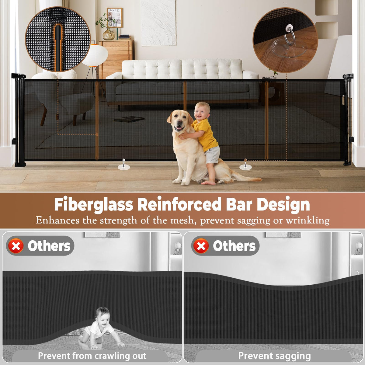 120" Retractable Baby Gate Extra Wide, 41" Tall Retractable Dog Gate for Stairs, Doorways, Decks, Mesh Gate Long