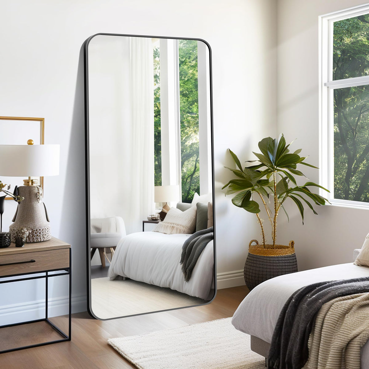 Large Bathroom Mirror 72x36 Inches, Black Oversized Wall Mirror for 2 Sinks Aluminum Frame Full Length Rounded Corner