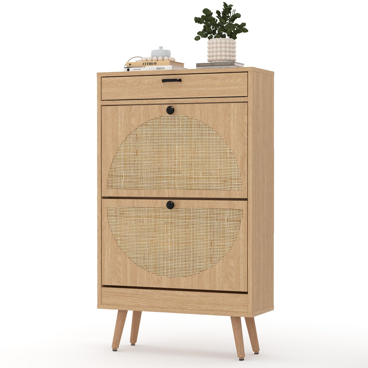 Natural Rattan Shoe Cabinet, 2 Flip Drawers with Top Drawer