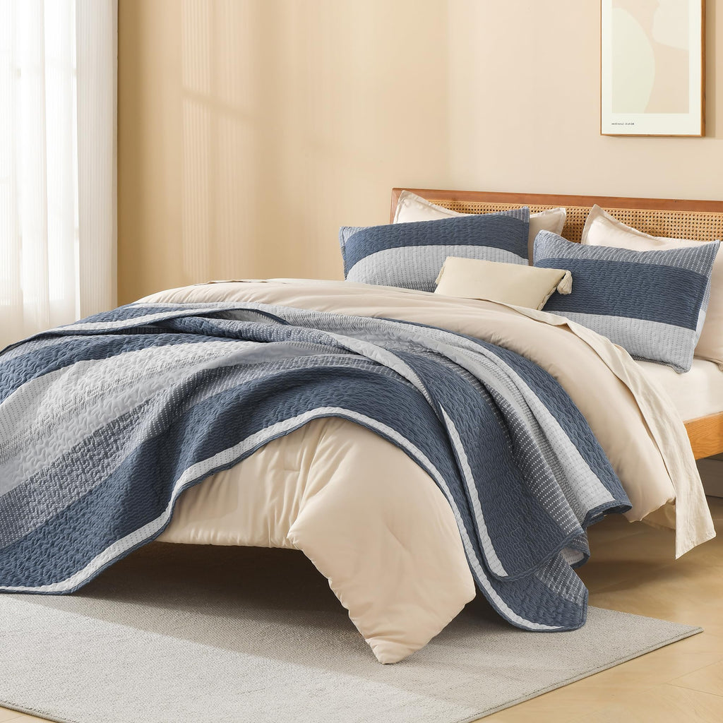 Super Quilt, 3 Pcs Navy Blue Stripe Bedding Set