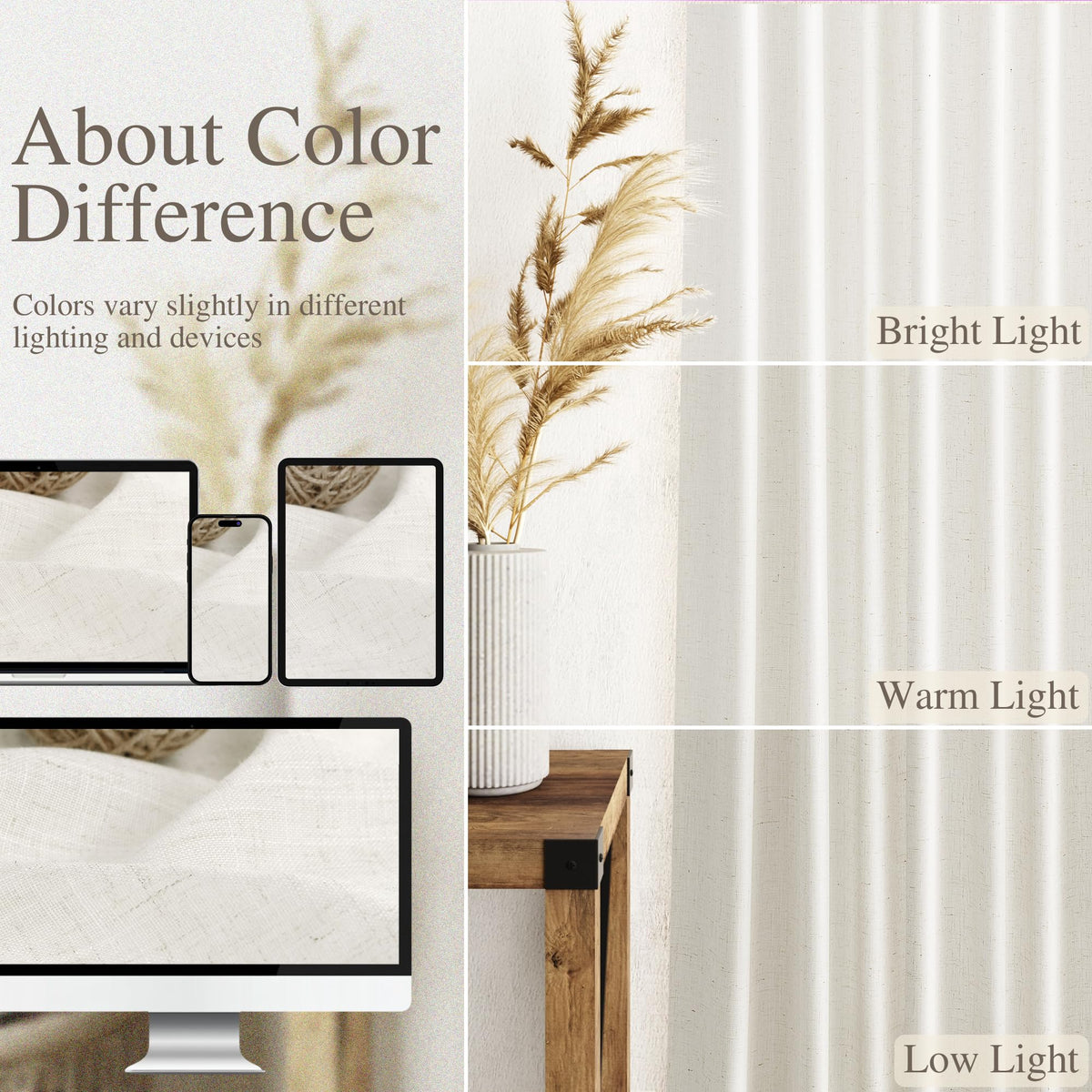 Beige White Linen Curtains 96 Inches Long 2 Panels Set Bedroom Back Tab Rod Pocket Semi Sheer Light Filtering Drape