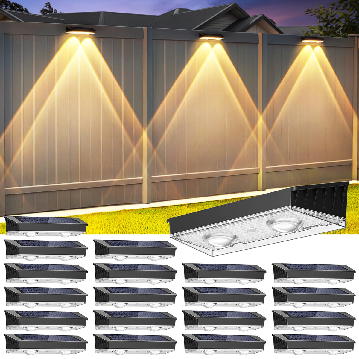Solar Fence Lights Outdoor, 20 Pack Warm/Neutual/Cool White Fence Lights Solar Powered with 2 LED, IP65 Waterproof