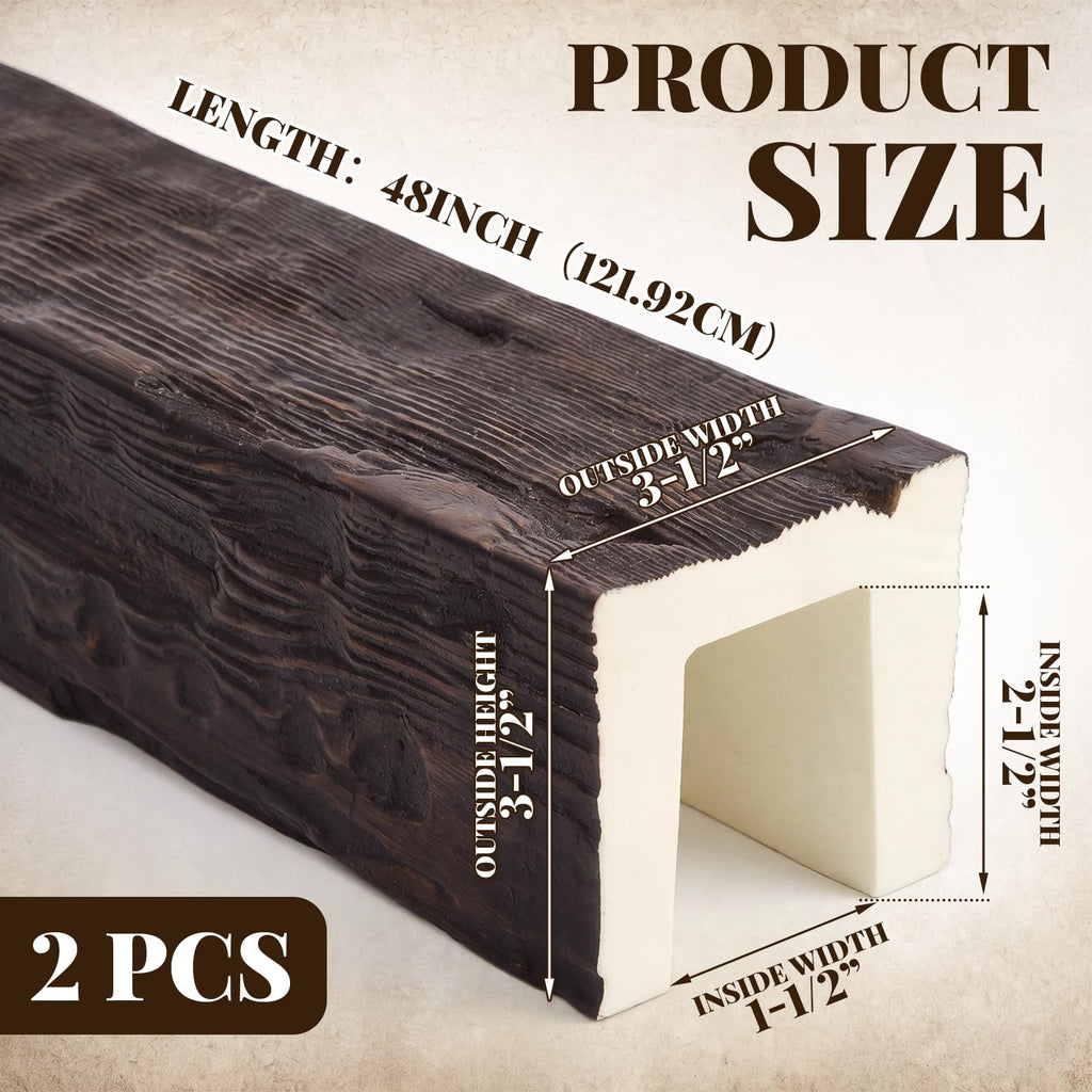 2 Pack 3.5" W x 3.5" H x 48" L Faux Wood Ceiling Beams, Polyurethane U-Beams, Lightweight Rustic Wood Grain Beam