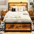 Farmhouse Bed Frame with Storage and 4 Drawers, Rustic Led Bed Frame with Headboard and Charging Station