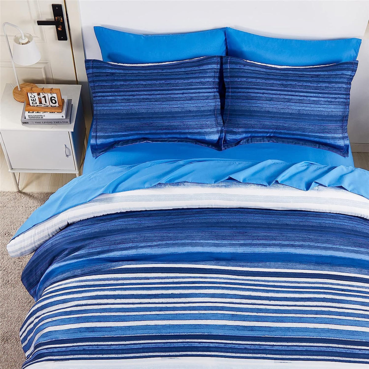 Striped Comforter Set, 5 Piece Bed in a Bag, Blue