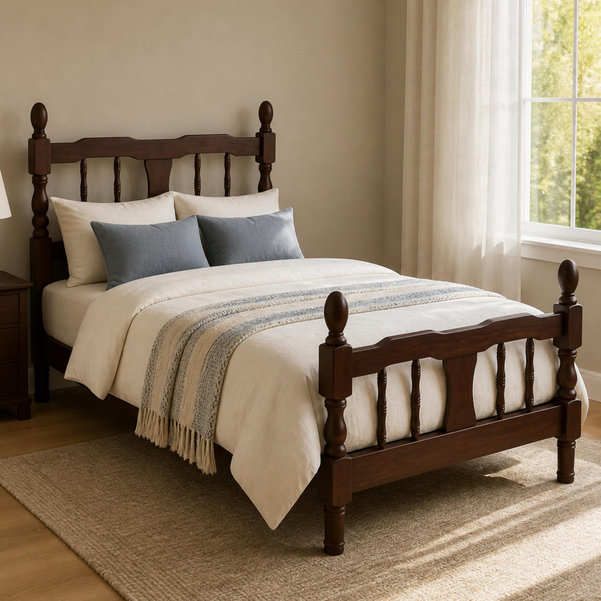 Platform Bed with Spindle Headboard & Footboard, Farmhouse Spindle Bed Frame with Wood Slat Support, No Box