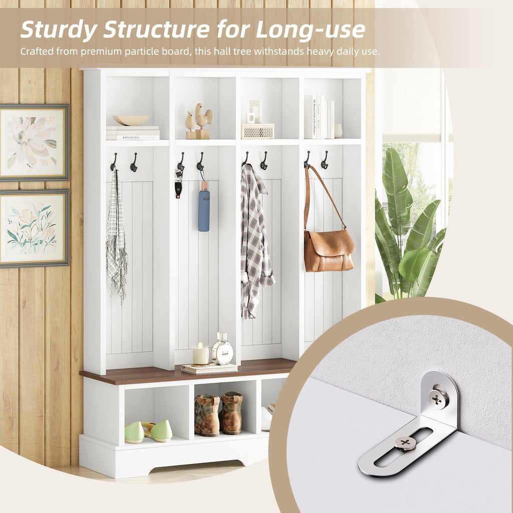 59" W Hall Tree, Farmhouse Entryway Storage and Wood Coat Rack, Entryway Furniture with 8 Hooks, Hall Tree with Bench