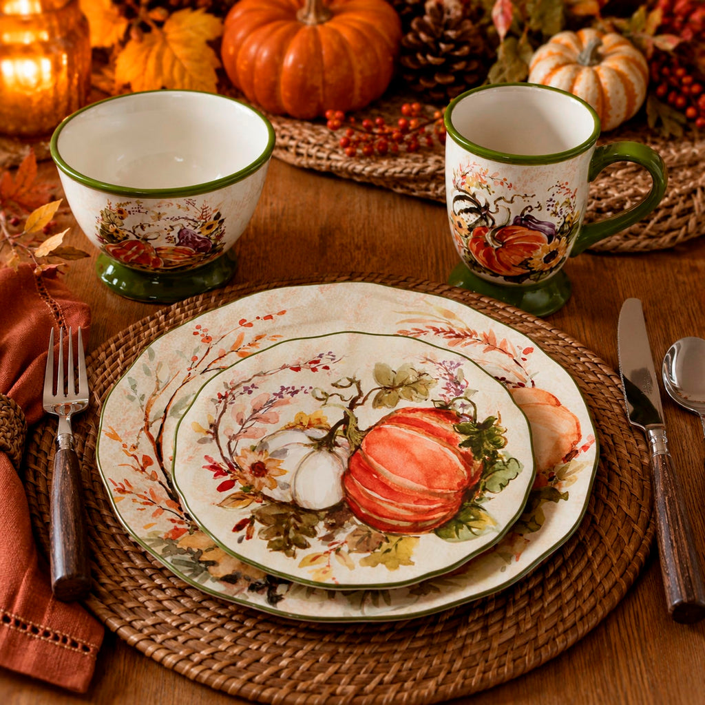 Harvest Morning 16-Piece Ceramic Dinnerware Set, Service for 4 - Celebrate autumn with vibrant pumpkins and florals