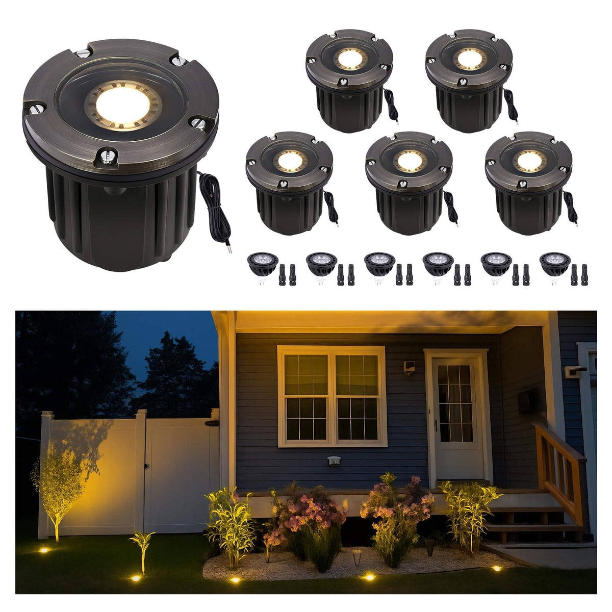 Brass Well Lights, 12V Low Voltage Wired 2700K In-Ground, 6PK