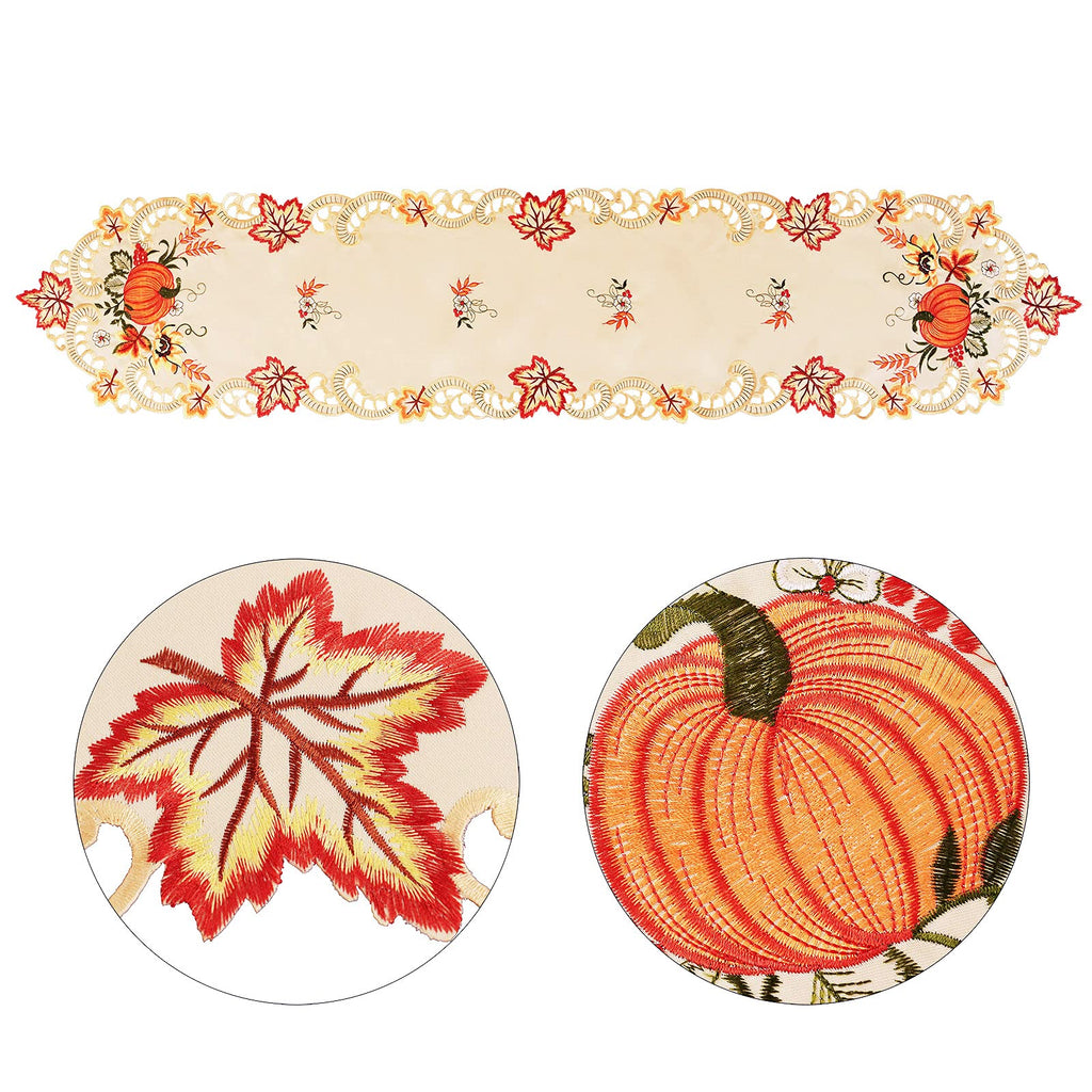 Thanksgiving Harvest Pumpkins Table Runners for Autumn Or Fall Decorations, Embroidery (14 × 90 Inches)