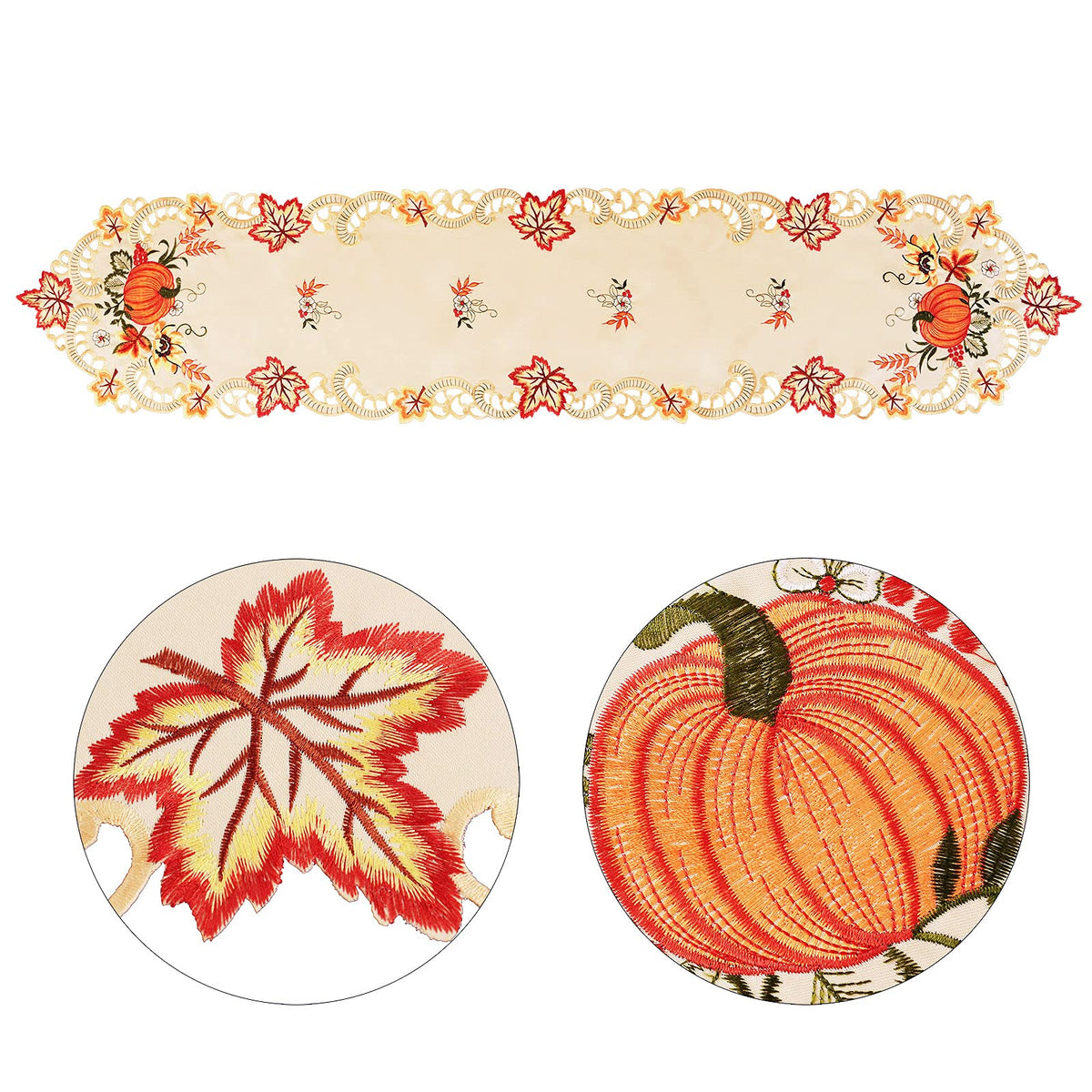 Thanksgiving Harvest Pumpkins Table Runners for Autumn Or Fall Decorations, Embroidery (14 × 90 Inches)