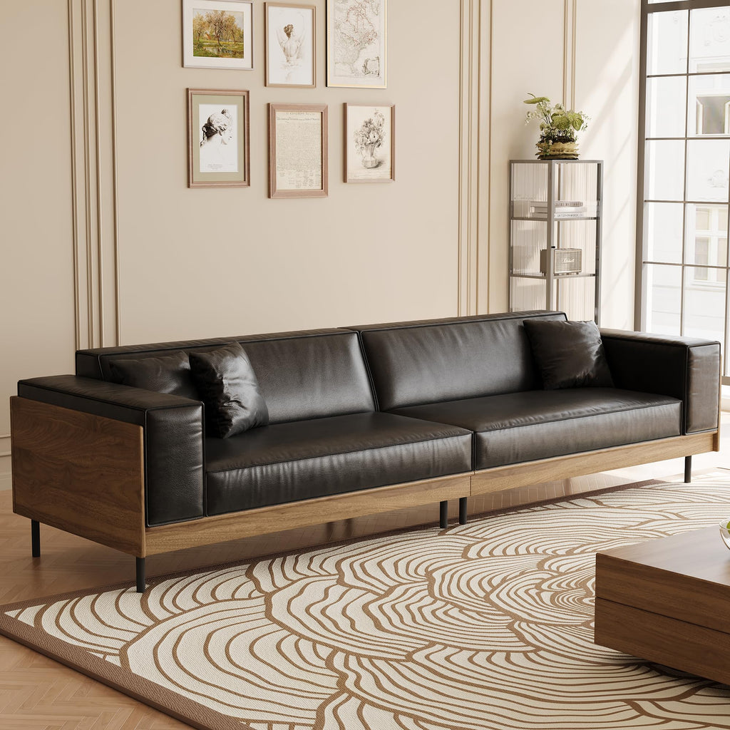 106.3" Mid-Century Modern Leather Sofa Couch with Wood Frame