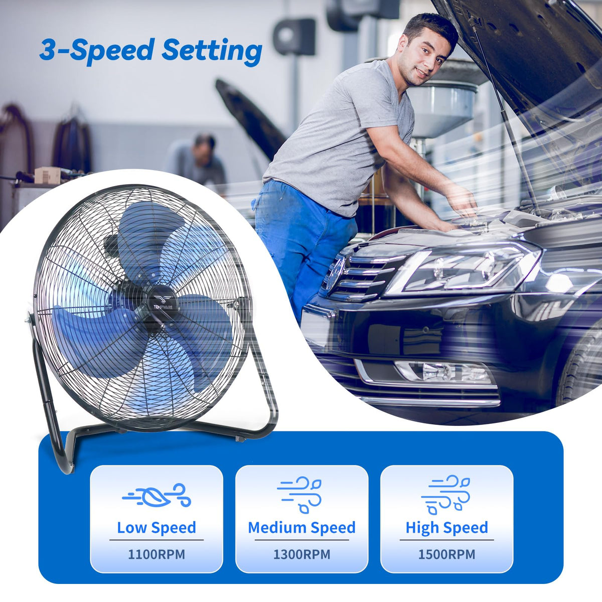 20 Inch High Velocity Industrial Floor Fan with 360° Tilt, Blue