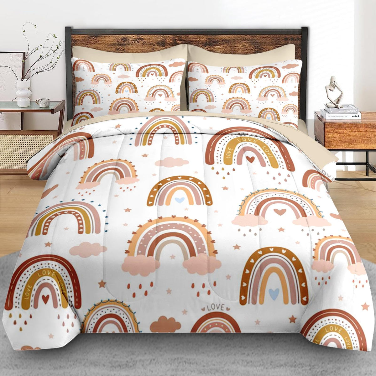 Twin Comforter Set with Sheets, 5 Pieces Boho Rainbow Bedding