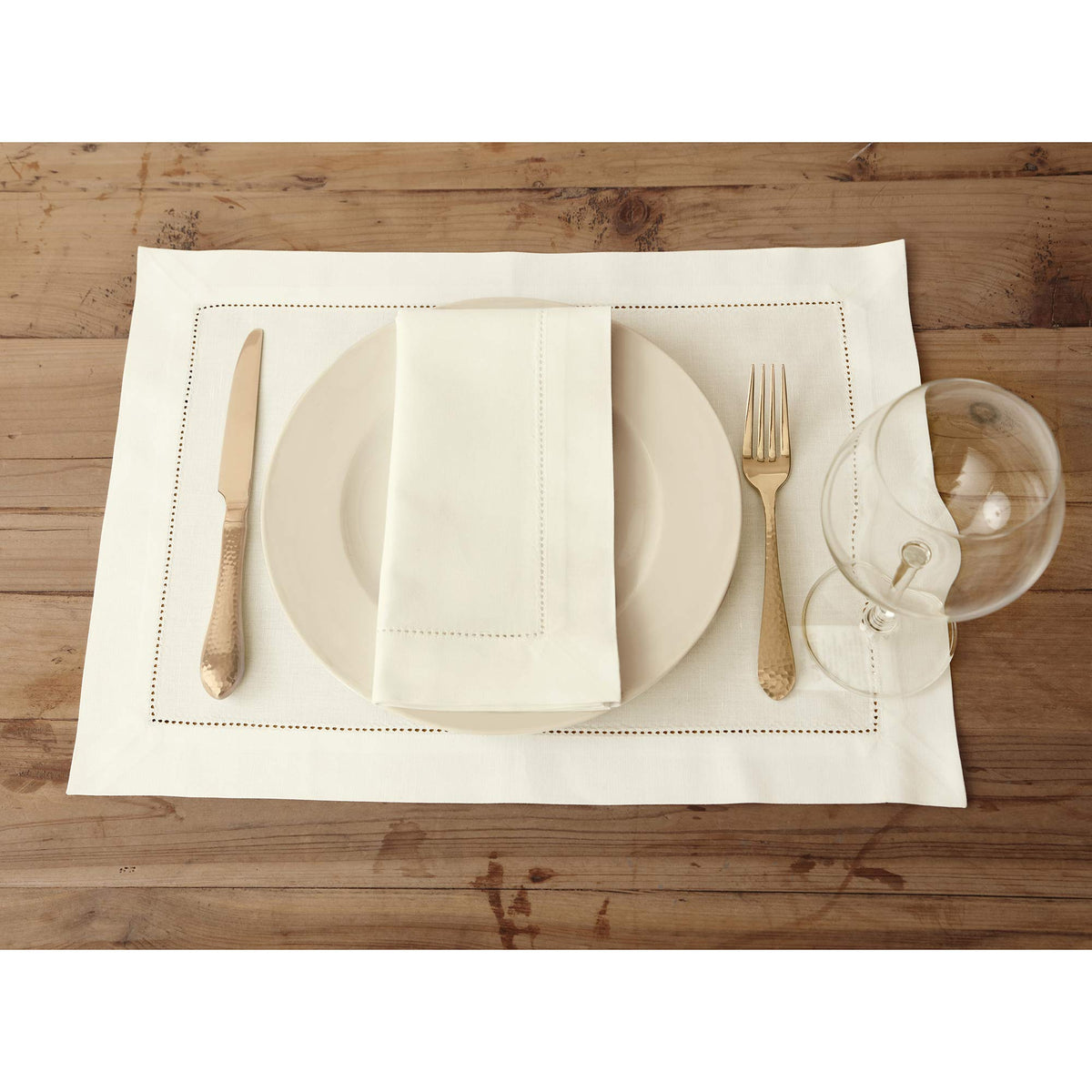Cotton Linen Placemats Ivory Hemstitch, 14 x 19 in, Set of 4