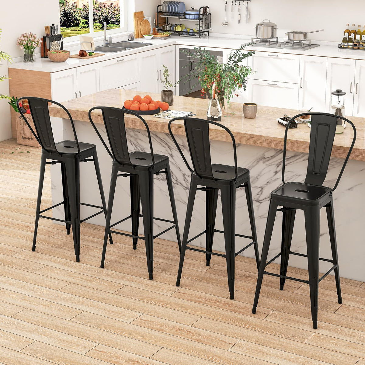 30 Inch Stackable Metal Bar Stools Set of 4 with High Backs, Black