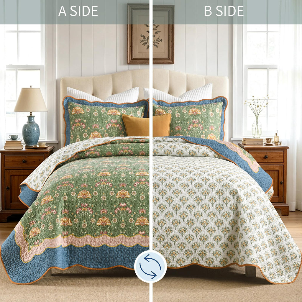 100% Cotton Quilt Set, Vintage Farmhouse Floral, Sage Green