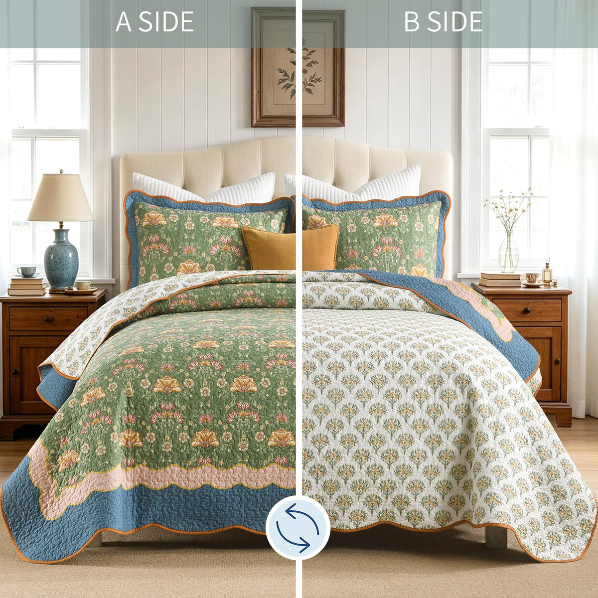 100% Cotton Quilt Set, Vintage Farmhouse Floral, Sage Green