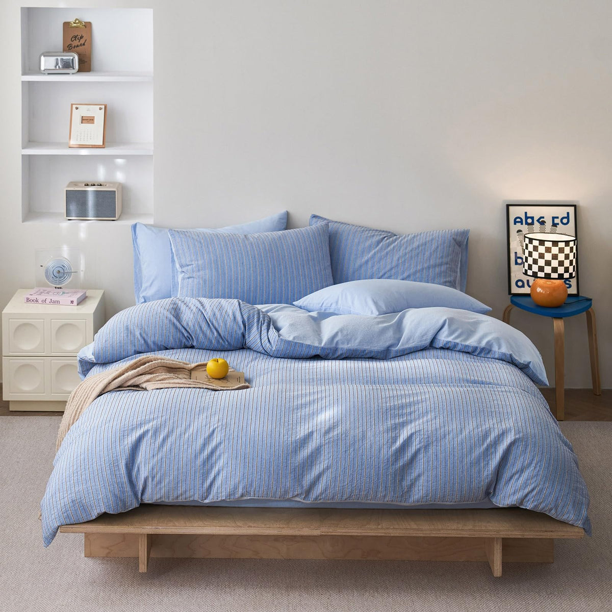Washed Cotton Blue Vertical Striped Duvet Cover Full Jacquard