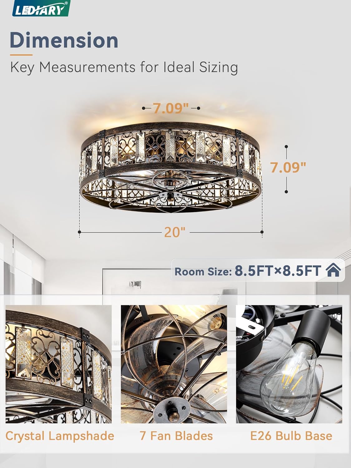 20" Caged Ceiling Fans with Lights,Flush Mount Vintage Victorian Rustic Crystal Fandelier