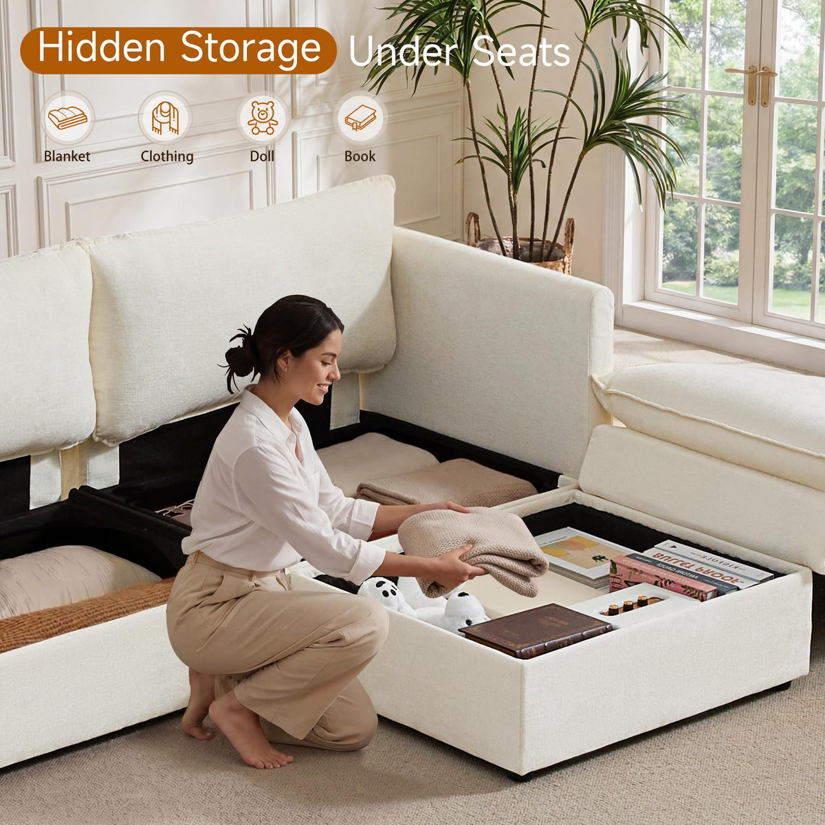 Modular Sofa with Storage, 103" U-Shape Sectional Cloud Couch, Oversized Fabric Couch with Movable Ottoman, 5 Seat