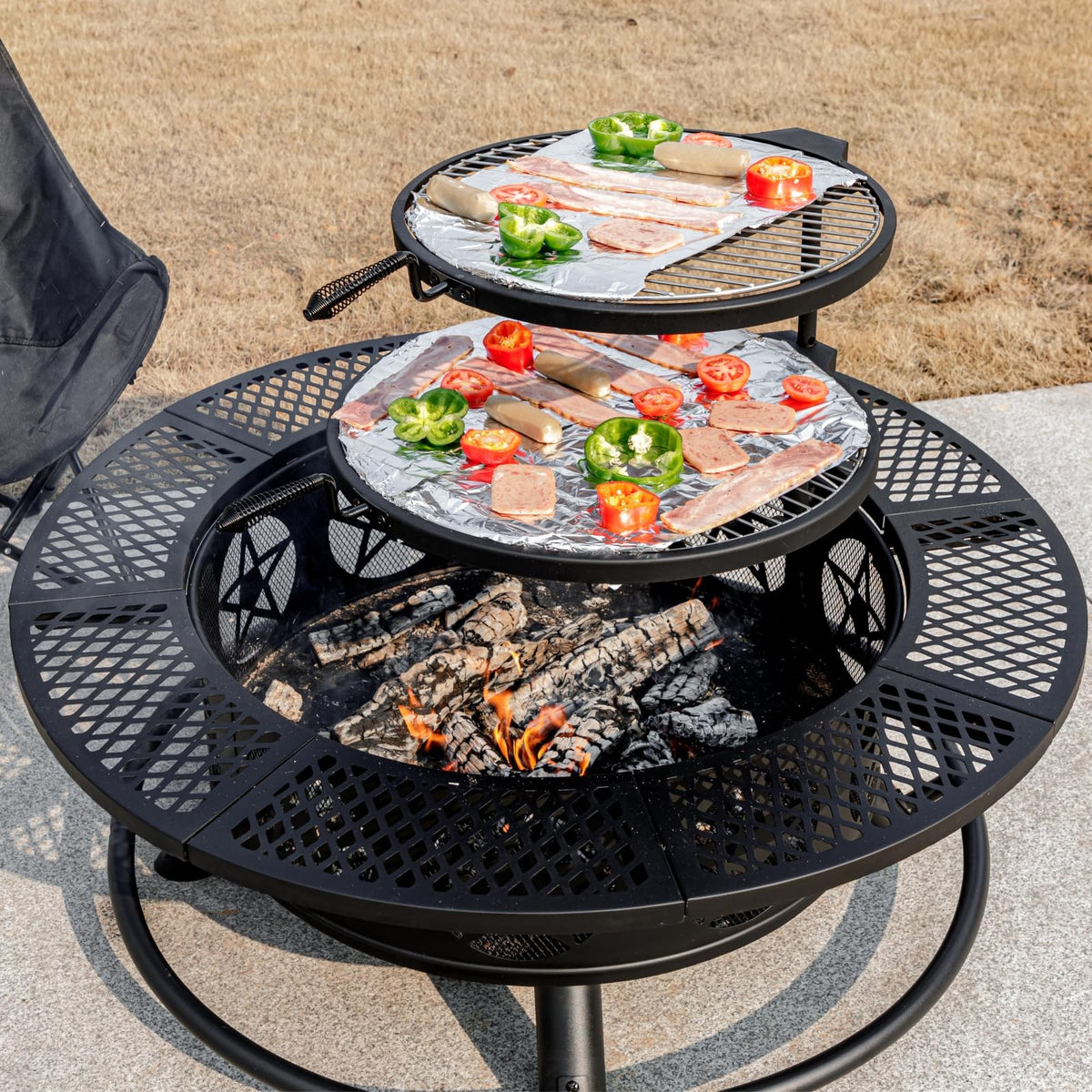 42 Inch Outdoor Fire Pits with 2 Grills, Lid & Poker