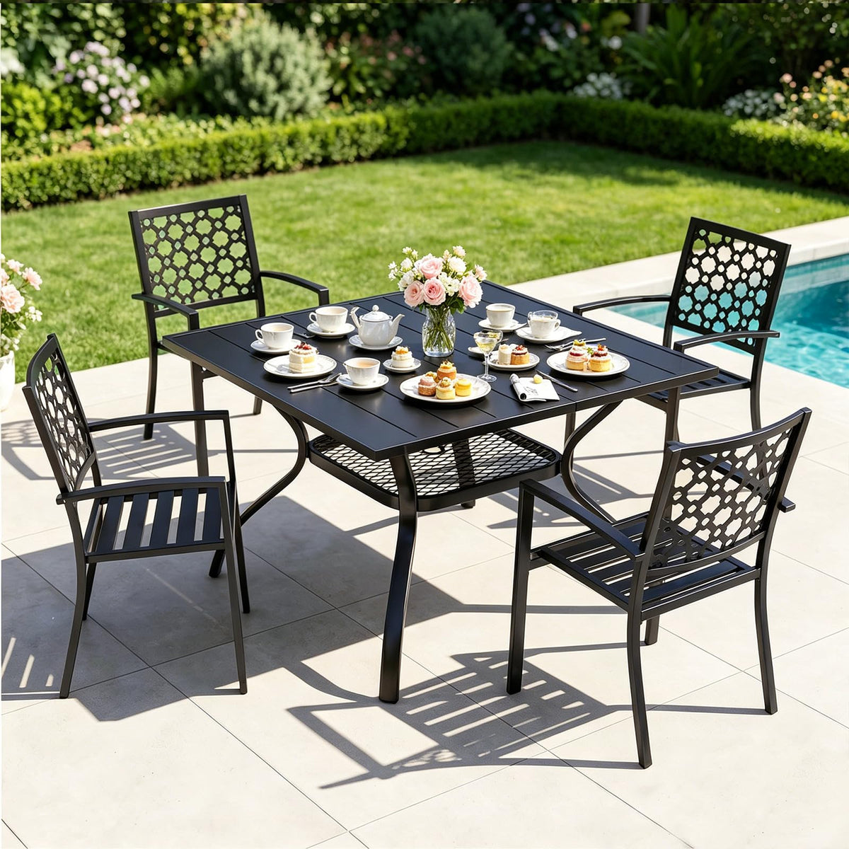 Stackable Patio Chairs Set of 2, Black Powder-Coated Metal Outdoor Dining Chairs, High Back Durable Heavy Duty