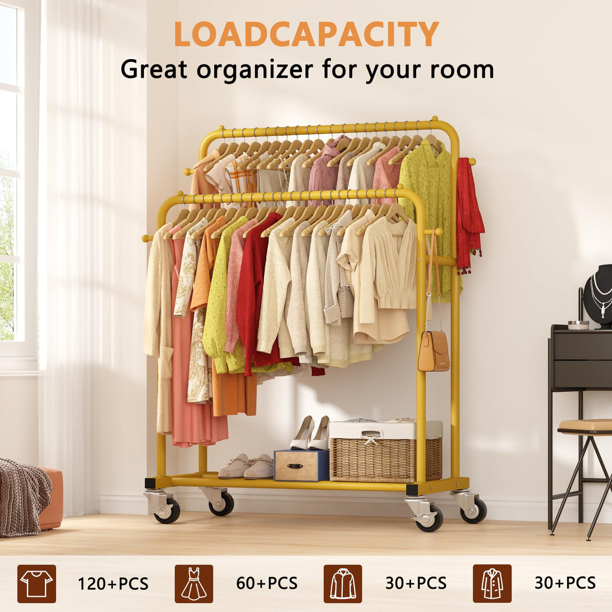 Double Rods Garment Rack with Wheels, Clothing Rack for Hanging Clothes, 4 Hooks, Multi-functional Bedroom Clothes