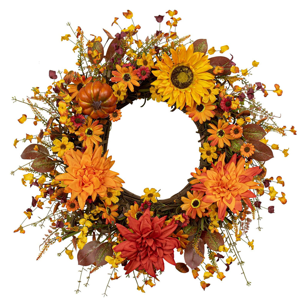 Fall Wreaths for Front Door 20 Inch Artificial Fall Wreath Autumn Flower Wreath with Sunflower Daisy Dahlia Pumpkin
