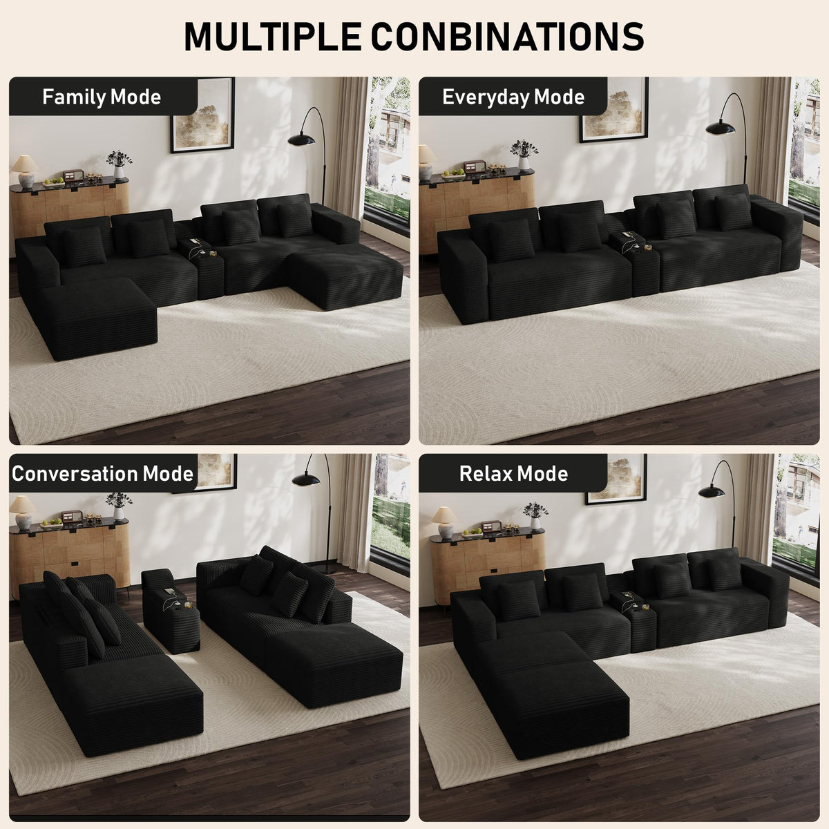 151" U Shaped Modular Sectional, Storage Console, 6 Seater, Light Black