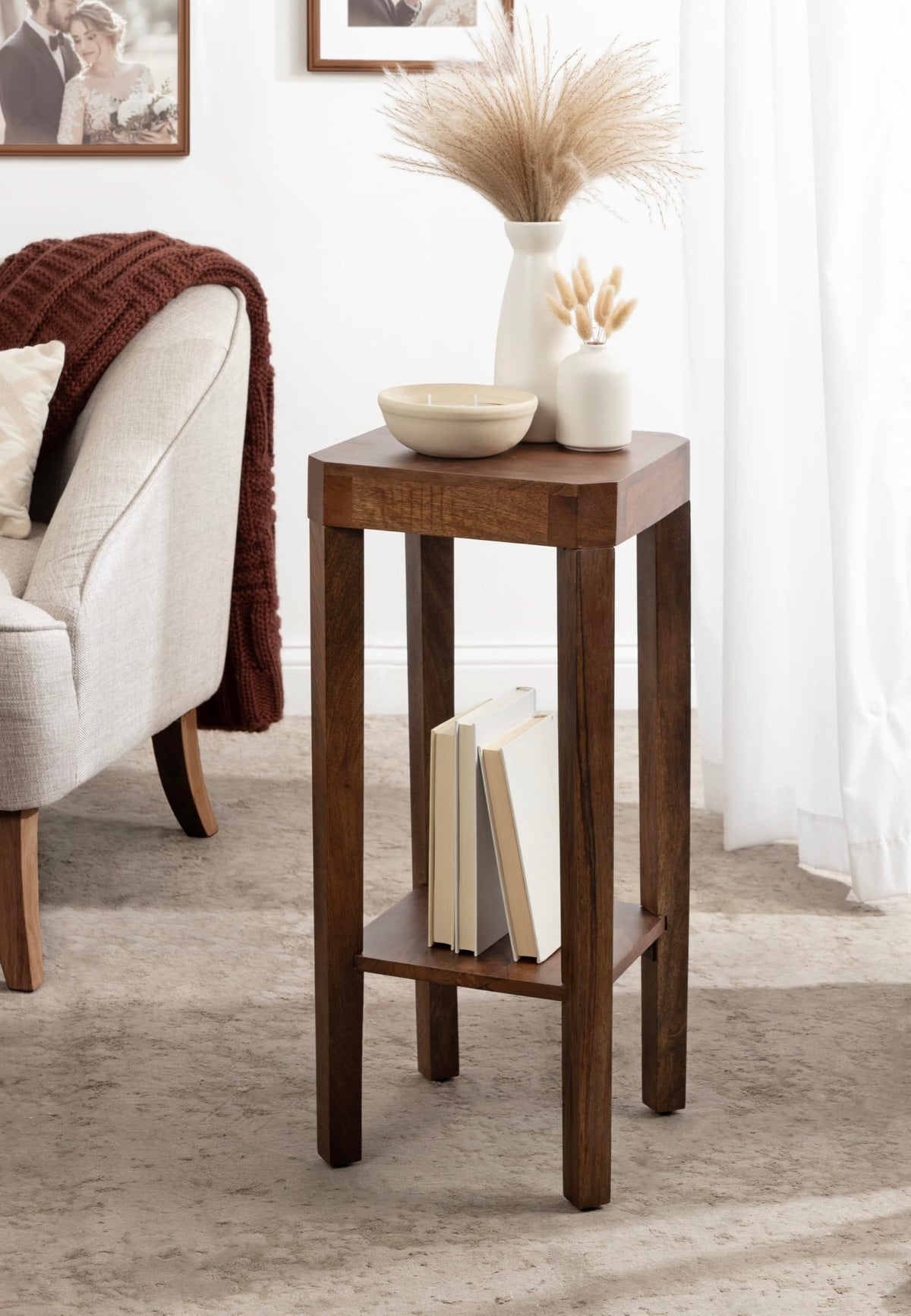 Inspired Saarinen Style Talcott Modern Square Wood Drink Table, 12 x 12 x 28, Walnut Brown, Transitional Decorative Two-Tier Pedestal Table