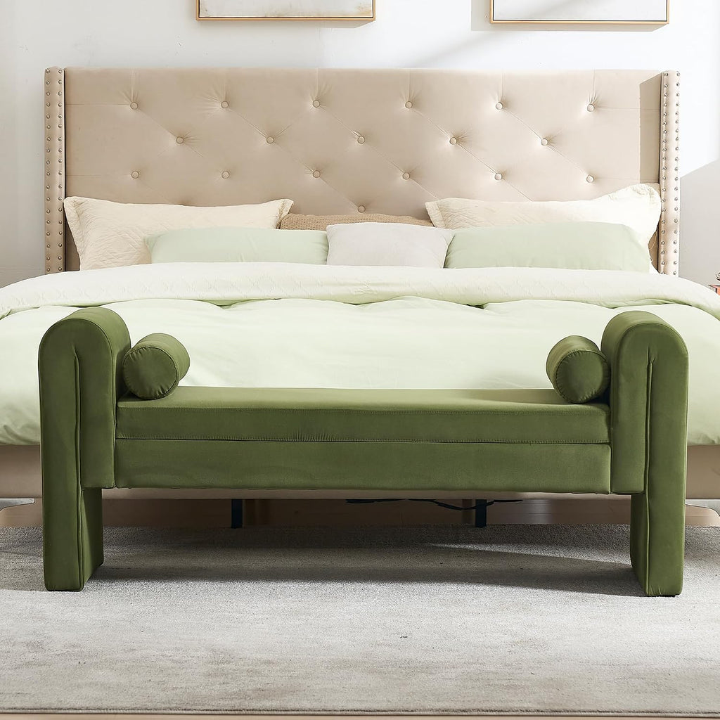 60.5" Velvet Upholstered Entryway Bench, Ottoman Bench End of Bed Bench with Armrest, Bedroom Bench with 2 Lumbar