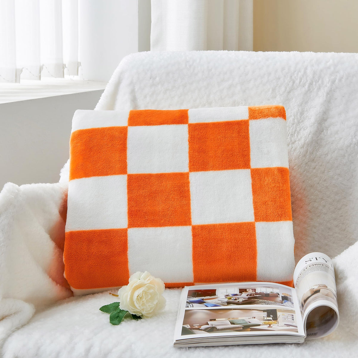 Checkered Fall Twin Blanket for Couch, Orange & White, 60"x80"