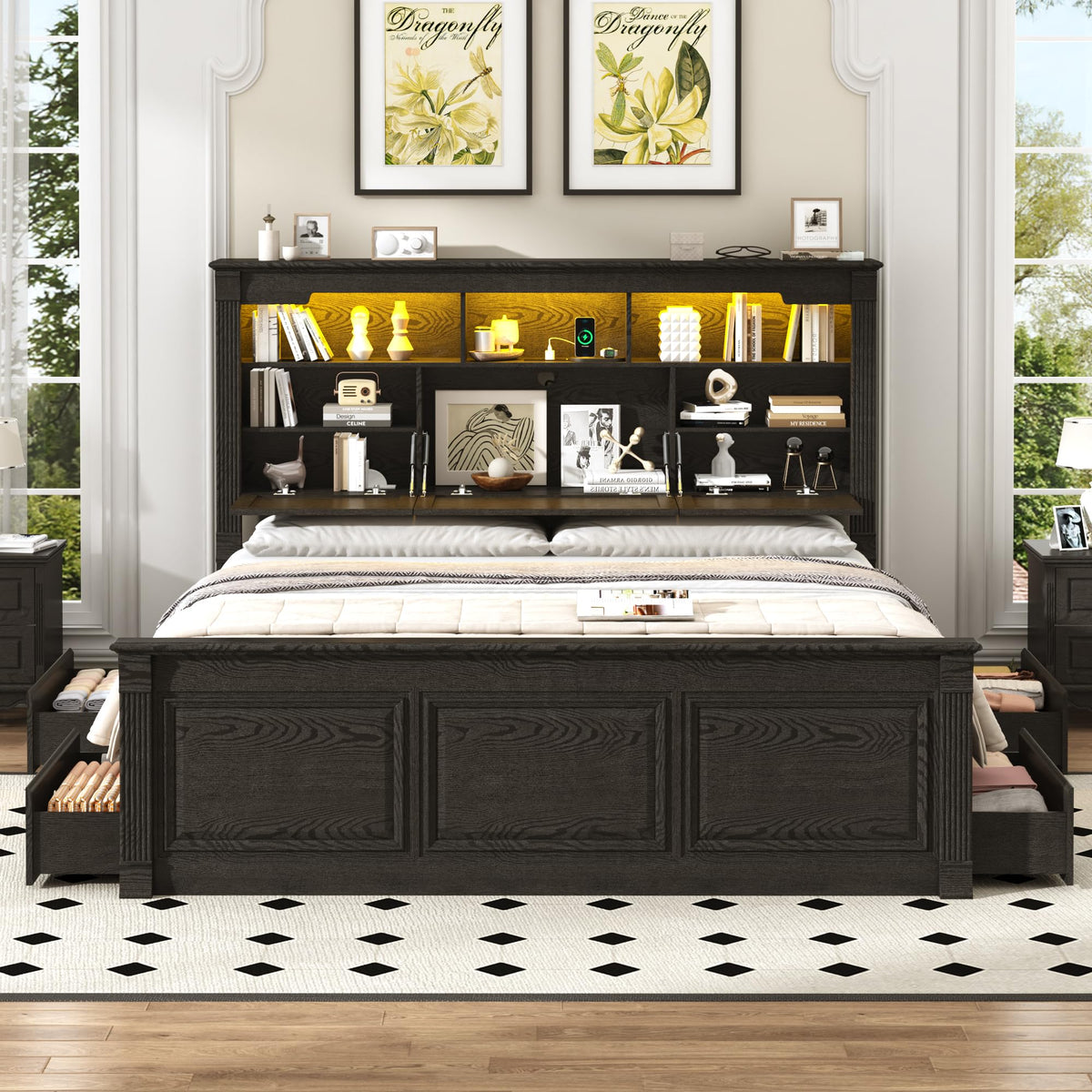 Farmhouse Bed Frame with 55" Tall Storage Headboard & 4 Drawers, Wood Roman Column Platform Bed Frame with