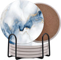 White Agate Marble Round Coasters - Abosrbent Ceramic Coasters with Metal Stand for Drinks, Coffee, Non-Slip - Set of 6
